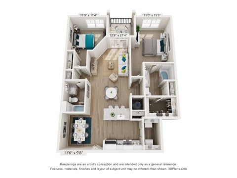 Floor plan for 2 beds, 2 baths, 1232 sqft